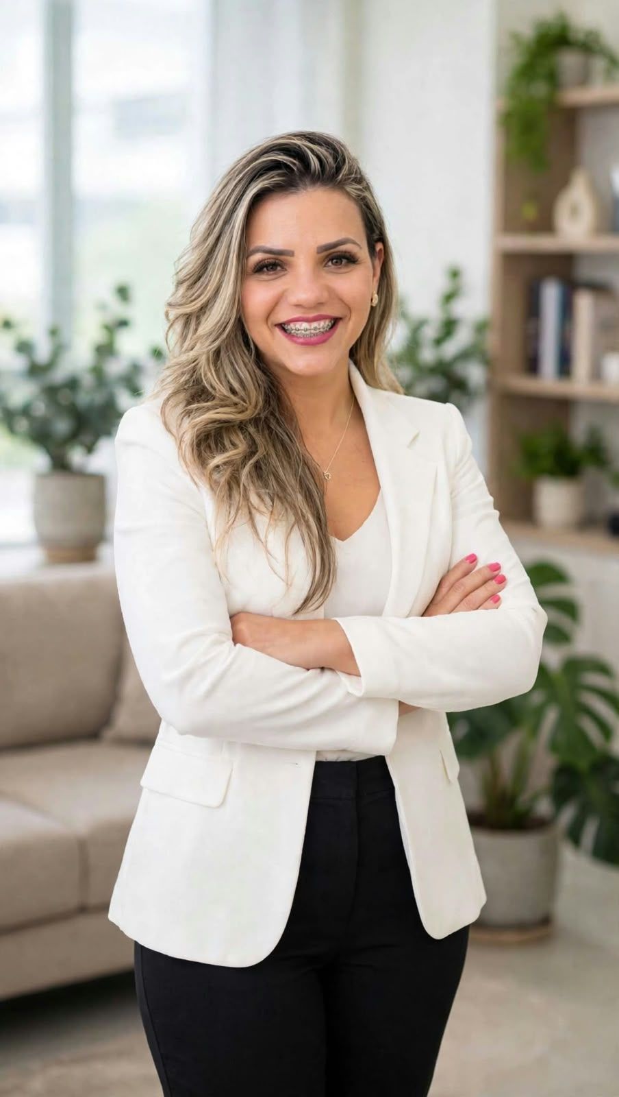 Retrato de Any Marielli, psicóloga, sorrindo, de blazer branco