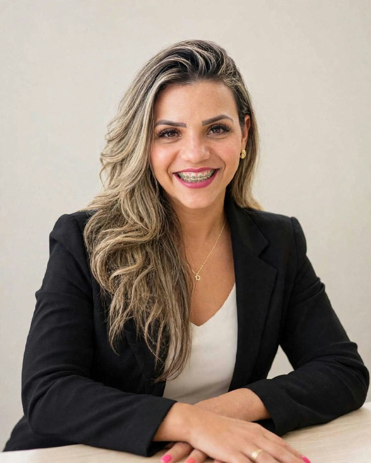 Retrato de Any Marielli, de blazer preto, sentada à mesa